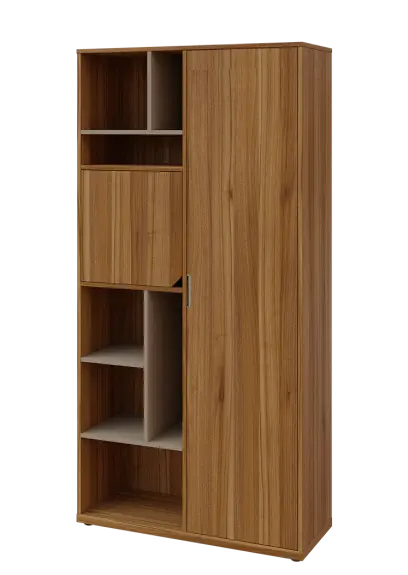 KSR6-83 P skříň šatní, 1x výsuvné ramínko, dvířka, niky, 2053x1022x400 mm, provedení pravé, korpus a dvířka ořech světlý/police latte